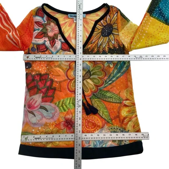 Desigual sheer festive top 3/4 sleeves floral Pom Pom V neckline orange yellow - Picture 13 of 16